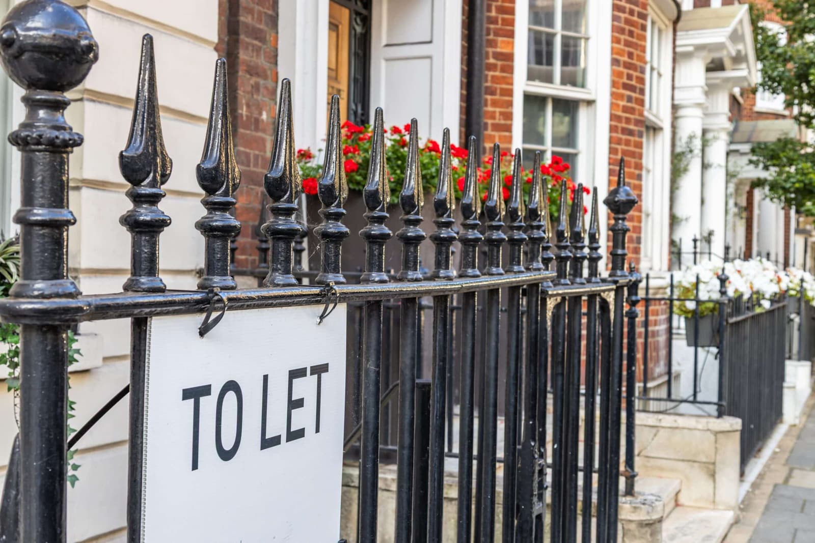 To Let sign on railings outside a white townhouse