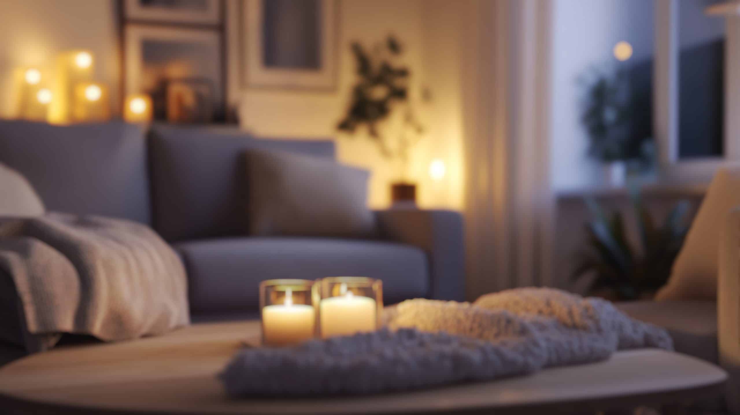 Dimly lit living room with lit candles on a table