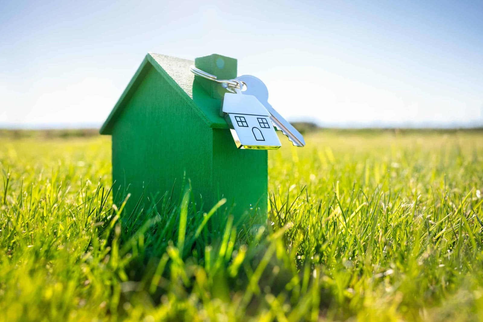 Green model house with keys standing in grass