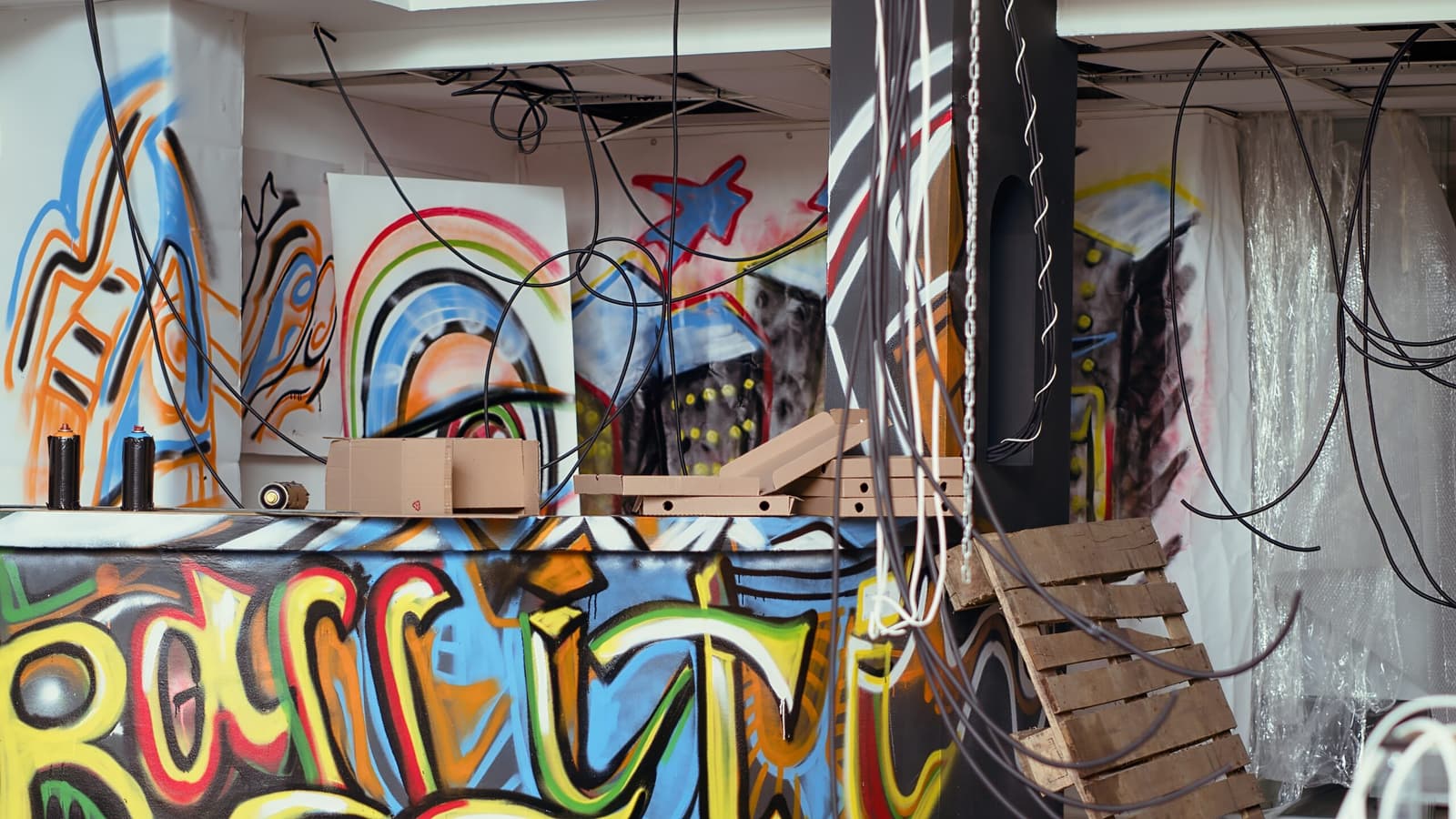 Vandalised interior covered in graffiti with debris on the floor